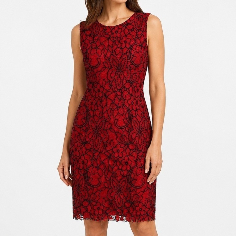 Sharagano Red Black Floral Lace Size 4 Sheath Dress Sleeveless Cocktail Party